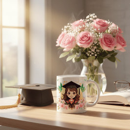 Schattig Anime Afstudeer Meisje Bloemrijke Waterve Koffiemok