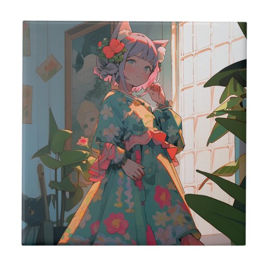 Schattig anime catgirl tegeltje (Voorkant)