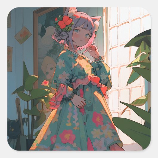 Schattig anime catgirl vierkante sticker (Voorkant)