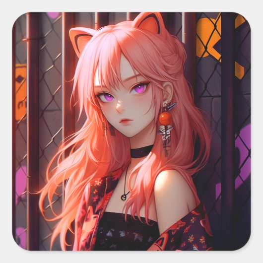 Schattig anime catgirl vierkante sticker (Voorkant)