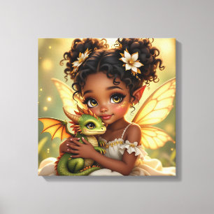 Schattig Anime Feeënmeisje en Chibi Draak Canvas Afdruk