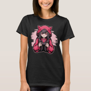Schattig Anime Gamer Meisje in Roze Kat Hoodie T-shirt
