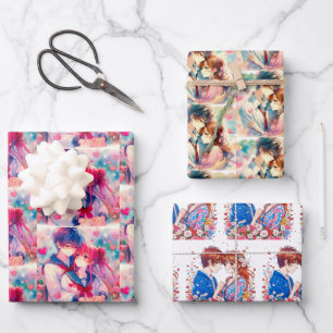 Schattig Anime Jongen en Meisje Rode Harten Inpakpapier Vel