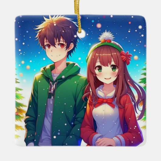 Schattig Anime Koppel Kerstmis Keramisch Ornament (Voorkant)