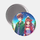 Schattig Anime Koppel Kerstmis Magneet (Voorkant / Achterkant)