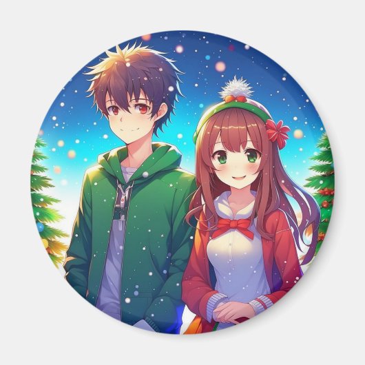Schattig Anime Koppel Kerstmis Magneet (Voorkant)