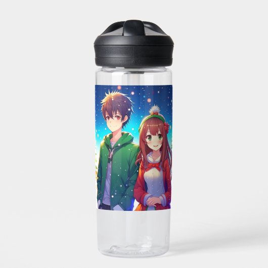 Schattig Anime Koppel Kerstmis Waterfles (Voorkant)