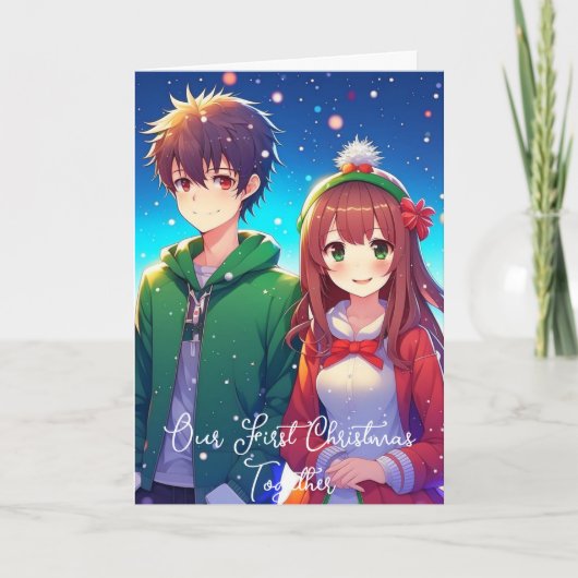 Schattig Anime Koppel | Onze Eerste Kerstmis Kaart (Voorkant)