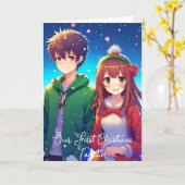 Schattig Anime Koppel | Onze Eerste Kerstmis Kaart (Gele Bloem)