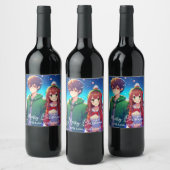 Schattig Anime Koppel | Prettig Kerstfeest  Wijn Etiket (Flessen)