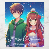 Schattig Anime Koppel | Prettig Kerstfeest  Wijn Etiket (Enkel label)