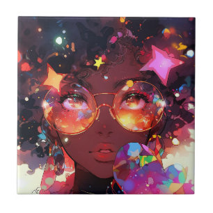 Schattig anime meisje Afro-Amerikaanse kunst Tegeltje