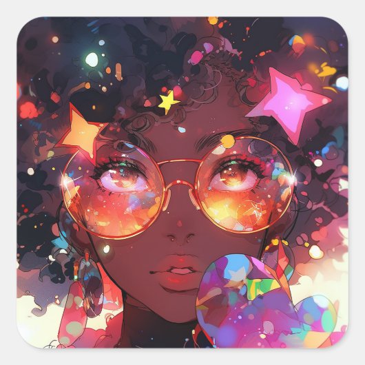 Schattig anime meisje Afro-Amerikaanse kunst Vierkante Sticker (Voorkant)