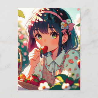 Schattig Anime Meisje dat Aardbeien Eet   Briefkaart