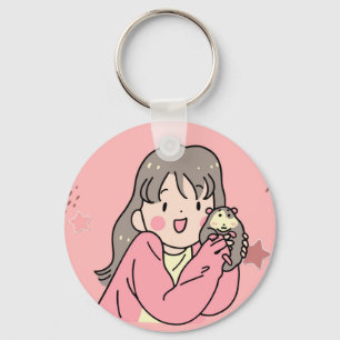 Schattig Anime Meisje dat Opossum Knuffelt Sleutel Sleutelhanger
