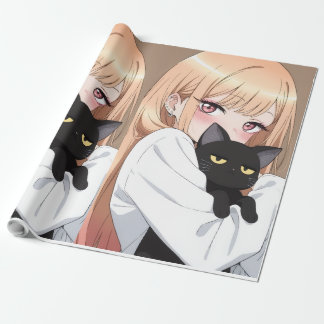 Schattig Anime Meisje dat Zwarte Kat Knuffelt Inpa Cadeaupapier