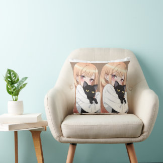 Schattig Anime Meisje dat Zwarte Kat Knuffelt Inpa Kussen