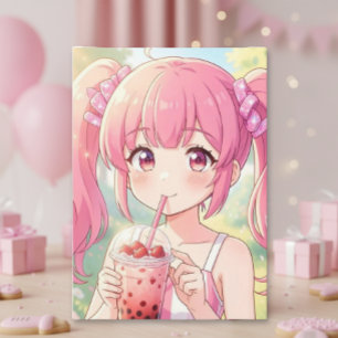 Schattig Anime Meisje   Dochter's Verjaardag Kleur Kaart