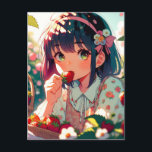 Schattig Anime Meisje Eet Aardbeien   Briefkaart<br><div class="desc">Ansichtkaart om contact te houden. Een schattig anime-meisje met zwart haar en een roze hoofdband met bloemen dat verse aardbeien eet op een zomerdag. Leuk voor elk meisje dat van anime houdt!</div>