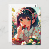 Schattig Anime Meisje Eet Aardbeien   Briefkaart (Voorkant / Achterkant)
