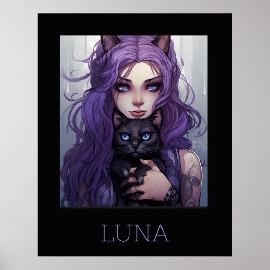 Schattig Anime Meisje en Kat Leuk Paarse Haar Poster (Voorkant)