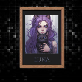 Schattig Anime Meisje en Kat Leuk Paarse Haar Poster