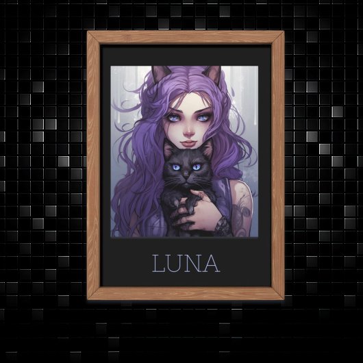 Schattig Anime Meisje en Kat Leuk Paarse Haar Poster