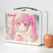 Schattig Anime Meisje in Roze Drinkt Bubble Tea (In situ)