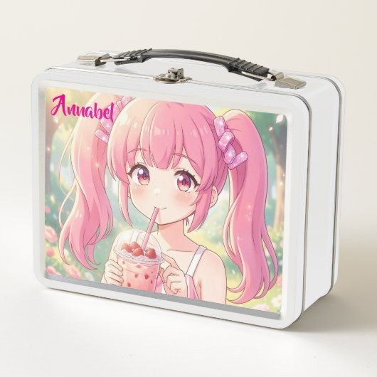 Schattig Anime Meisje in Roze Drinkt Bubble Tea (Voorkant)