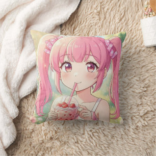 Schattig Anime Meisje in Roze Drinkt Bubble Tea Kussen
