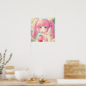 Schattig Anime Meisje in Roze Drinkt Bubble Tea Poster (Keuken)