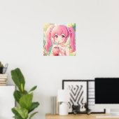 Schattig Anime Meisje in Roze Drinkt Bubble Tea Poster (Thuiskantoor)