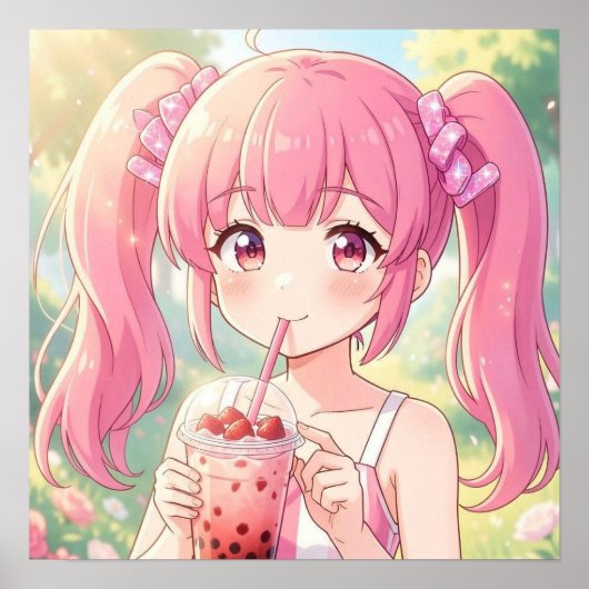 Schattig Anime Meisje in Roze Drinkt Bubble Tea Poster (Voorkant)