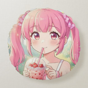 Schattig Anime Meisje in Roze Drinkt Bubble Tea Rond Kussen