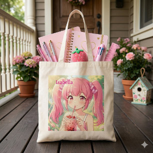 Schattig Anime Meisje in Roze Drinkt Bubble Tea Tote Bag