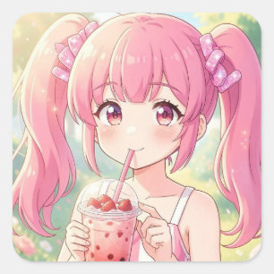 Schattig Anime Meisje in Roze Drinkt Bubble Tea Vierkante Sticker