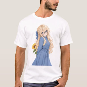 Schattig Anime Meisje met Bril & Zonnebloem Ontwer T-shirt