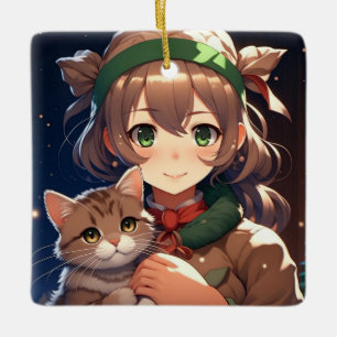 Schattig Anime Meisje met een Kittens Kerstmis Keramisch Ornament