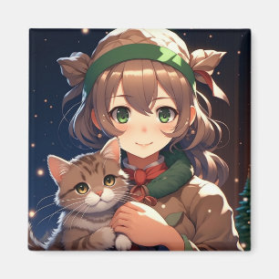 Schattig Anime Meisje met een Kittens Kerstmis Magneet
