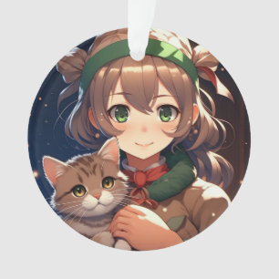 Schattig Anime Meisje met een Kittens Kerstmis Ornament