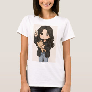 Schattig Anime Meisje met teddybeer vredesteken T- T-shirt