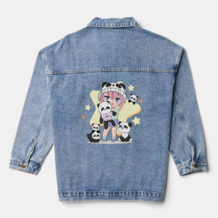 Schattig Anime Meisje Omringd door Panda Toys Denim Jacket