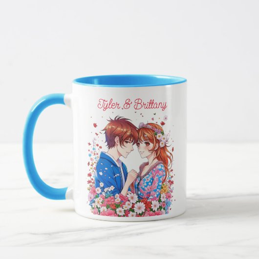 Schattig animekoppel knuffelt gepersonaliseerd mok (Links)