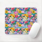 Schattig aqua geel elegant bloemenpatroon monogram muismat (Met muis)