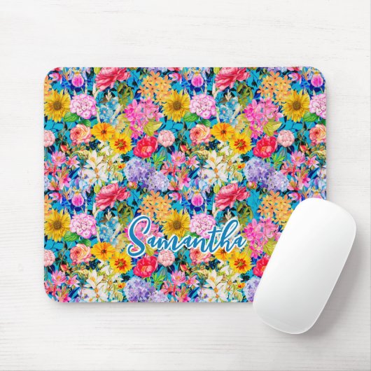 Schattig aqua geel elegant bloemenpatroon monogram muismat (Met muis)