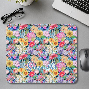 Schattig aqua geel elegant Bloemmotief monogram Muismat