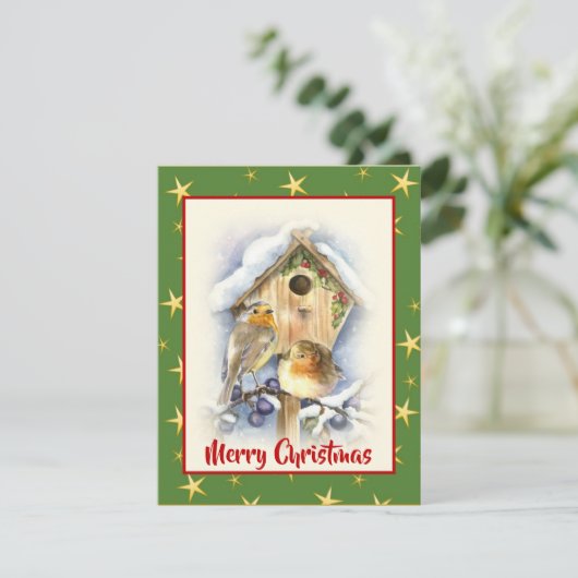 Schattig Aquarel Kerstmis Twee Vogels Sneeuw Besse Feestdagenkaart (Staand voorkant)