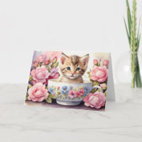 Schattig aquarel kitten in bloemige theekopje 