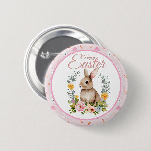 Schattig Aquarel Konijn Bloemenkrans Pasen Ronde Button 5,7 Cm