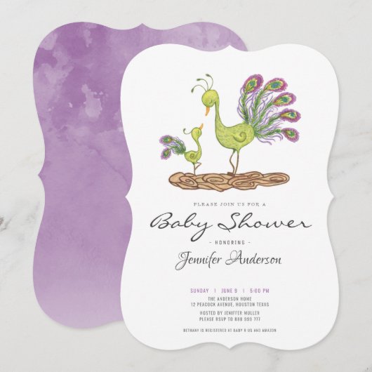 Schattig aquarel pauw baby shower kaart (Voorkant / Achterkant)